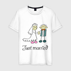 Мужская футболка хлопок с принтом Just married в Новосибирске, 100% хлопок | прямой крой, круглый вырез горловины, длина до линии бедер, слегка спущенное плечо. | Тематика изображения на принте: just | married | жених | молодожены | невеста | свадьба