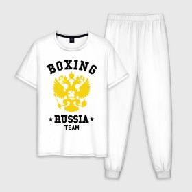 Мужская пижама хлопок с принтом Boxing Russia Team в Новосибирске, 100% хлопок | брюки и футболка прямого кроя, без карманов, на брюках мягкая резинка на поясе и по низу штанин
 | Тематика изображения на принте: boxing | russia | team | бокс | герб | орел | россия | русский