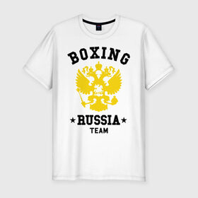 Мужская футболка премиум с принтом Boxing Russia Team в Новосибирске, 92% хлопок, 8% лайкра | приталенный силуэт, круглый вырез ворота, длина до линии бедра, короткий рукав | boxing | russia | team | бокс | герб | орел | россия | русский