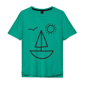 Мужская футболка хлопок Oversize с принтом Настроение - море в Новосибирске, 100% хлопок | свободный крой, круглый ворот, “спинка” длиннее передней части | корабль | лицо | лодка | море | настроение | парус | птица | рожица | солнце | улыбка | чайка | яхта