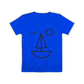 Детская футболка хлопок с принтом Настроение - море в Новосибирске, 100% хлопок | круглый вырез горловины, полуприлегающий силуэт, длина до линии бедер | корабль | лицо | лодка | море | настроение | парус | птица | рожица | солнце | улыбка | чайка | яхта