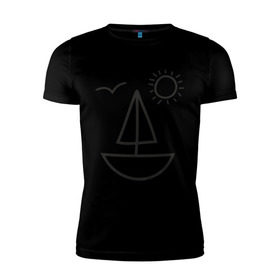 Мужская футболка премиум с принтом Настроение - море в Новосибирске, 92% хлопок, 8% лайкра | приталенный силуэт, круглый вырез ворота, длина до линии бедра, короткий рукав | корабль | лицо | лодка | море | настроение | парус | птица | рожица | солнце | улыбка | чайка | яхта