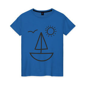 Женская футболка хлопок с принтом Настроение - море в Новосибирске, 100% хлопок | прямой крой, круглый вырез горловины, длина до линии бедер, слегка спущенное плечо | корабль | лицо | лодка | море | настроение | парус | птица | рожица | солнце | улыбка | чайка | яхта