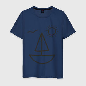 Мужская футболка хлопок с принтом Настроение - море в Новосибирске, 100% хлопок | прямой крой, круглый вырез горловины, длина до линии бедер, слегка спущенное плечо. | корабль | лицо | лодка | море | настроение | парус | птица | рожица | солнце | улыбка | чайка | яхта