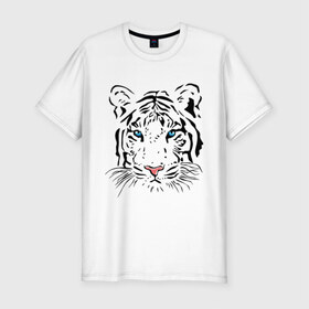 Мужская футболка премиум с принтом Белый тигр в Новосибирске, 92% хлопок, 8% лайкра | приталенный силуэт, круглый вырез ворота, длина до линии бедра, короткий рукав | белый | голова | красивый | редкий | тигр
