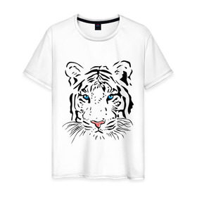 Мужская футболка хлопок с принтом Белый тигр в Новосибирске, 100% хлопок | прямой крой, круглый вырез горловины, длина до линии бедер, слегка спущенное плечо. | белый | голова | красивый | редкий | тигр