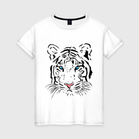 Женская футболка хлопок с принтом Белый тигр в Новосибирске, 100% хлопок | прямой крой, круглый вырез горловины, длина до линии бедер, слегка спущенное плечо | белый | голова | красивый | редкий | тигр