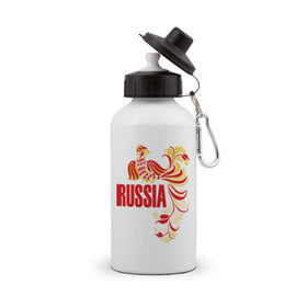 Бутылка спортивная с принтом Россия в Новосибирске, металл | емкость — 500 мл, в комплекте две пластиковые крышки и карабин для крепления | жар | золотая | металл | патриот | птица | россия | русский