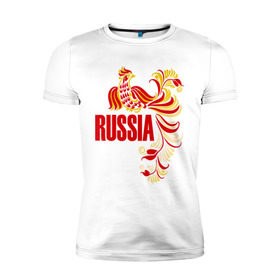 Мужская футболка премиум с принтом Россия в Новосибирске, 92% хлопок, 8% лайкра | приталенный силуэт, круглый вырез ворота, длина до линии бедра, короткий рукав | жар | золотая | металл | патриот | птица | россия | русский