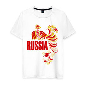 Мужская футболка хлопок с принтом Россия в Новосибирске, 100% хлопок | прямой крой, круглый вырез горловины, длина до линии бедер, слегка спущенное плечо. | жар | золотая | металл | патриот | птица | россия | русский