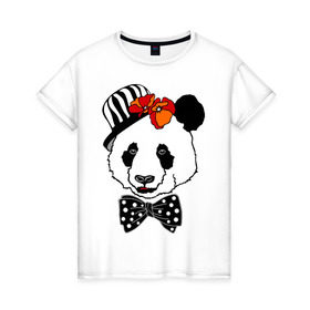 Женская футболка хлопок с принтом Панда с маками в Новосибирске, 100% хлопок | прямой крой, круглый вырез горловины, длина до линии бедер, слегка спущенное плечо | бабочка | галстук | мак | медведь | панда | цветы | шляпа