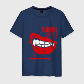 Мужская футболка хлопок с принтом Вампир в Новосибирске, 100% хлопок | прямой крой, круглый вырез горловины, длина до линии бедер, слегка спущенное плечо. | вампир | губы | зубы | клыки | кровь | улыбка | усмешка | ухмылка