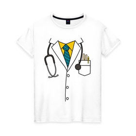 Женская футболка хлопок с принтом Халат врача в Новосибирске, 100% хлопок | прямой крой, круглый вырез горловины, длина до линии бедер, слегка спущенное плечо | врач | врачам | доктор | докторам | костюм врача | медик | медикам | стетоскоп | халат врача
