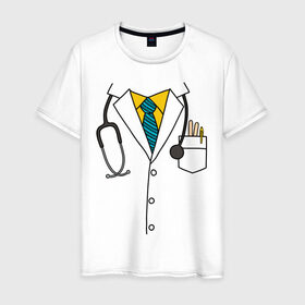Мужская футболка хлопок с принтом Халат врача в Новосибирске, 100% хлопок | прямой крой, круглый вырез горловины, длина до линии бедер, слегка спущенное плечо. | врач | врачам | доктор | докторам | костюм врача | медик | медикам | стетоскоп | халат врача