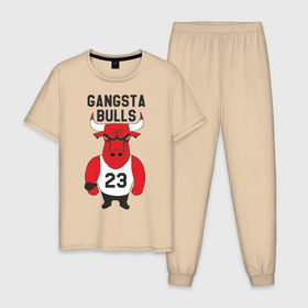 Мужская пижама хлопок с принтом Gangsta Bulls в Новосибирске, 100% хлопок | брюки и футболка прямого кроя, без карманов, на брюках мягкая резинка на поясе и по низу штанин
 | bulls | chicago | gangsta | бык | гангстер | чикаго