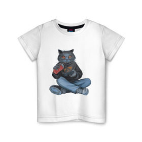 Детская футболка хлопок с принтом Кот геймер в Новосибирске, 100% хлопок | круглый вырез горловины, полуприлегающий силуэт, длина до линии бедер | Тематика изображения на принте: джойстик | игрок | кола | контроллер | кот