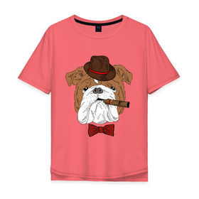 Мужская футболка хлопок Oversize с принтом Английский бульдог с сигарой в Новосибирске, 100% хлопок | свободный крой, круглый ворот, “спинка” длиннее передней части | Тематика изображения на принте: английский | бабочка | бульдог | галстук | пес | псина | собака | шляпа