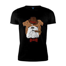 Мужская футболка премиум с принтом Английский бульдог с сигарой в Новосибирске, 92% хлопок, 8% лайкра | приталенный силуэт, круглый вырез ворота, длина до линии бедра, короткий рукав | Тематика изображения на принте: английский | бабочка | бульдог | галстук | пес | псина | собака | шляпа