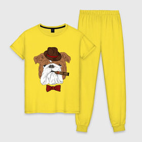 Женская пижама хлопок с принтом Английский бульдог с сигарой в Новосибирске, 100% хлопок | брюки и футболка прямого кроя, без карманов, на брюках мягкая резинка на поясе и по низу штанин | английский | бабочка | бульдог | галстук | пес | псина | собака | шляпа