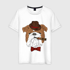 Мужская футболка хлопок с принтом Английский бульдог с сигарой в Новосибирске, 100% хлопок | прямой крой, круглый вырез горловины, длина до линии бедер, слегка спущенное плечо. | Тематика изображения на принте: английский | бабочка | бульдог | галстук | пес | псина | собака | шляпа