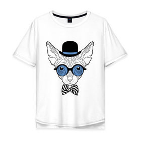 Мужская футболка хлопок Oversize с принтом Сфинкс в цилиндре в Новосибирске, 100% хлопок | свободный крой, круглый ворот, “спинка” длиннее передней части | бабочка | галстук | кот | котелок | кошка. киса | очки | сфинкс | цилиндр | шляпа