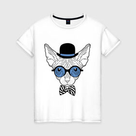 Женская футболка хлопок с принтом Сфинкс в цилиндре в Новосибирске, 100% хлопок | прямой крой, круглый вырез горловины, длина до линии бедер, слегка спущенное плечо | бабочка | галстук | кот | котелок | кошка. киса | очки | сфинкс | цилиндр | шляпа