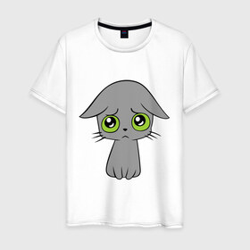 Мужская футболка хлопок с принтом Печальный котик в Новосибирске, 100% хлопок | прямой крой, круглый вырез горловины, длина до линии бедер, слегка спущенное плечо. | 