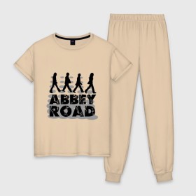 Женская пижама хлопок с принтом Abbey Road в Новосибирске, 100% хлопок | брюки и футболка прямого кроя, без карманов, на брюках мягкая резинка на поясе и по низу штанин | 