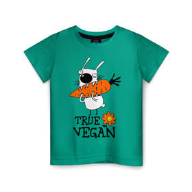 Детская футболка хлопок с принтом True vegan (истинный веган) в Новосибирске, 100% хлопок | круглый вырез горловины, полуприлегающий силуэт, длина до линии бедер | carrot | flower | rabbit | true | vegan | веган | заяц | истинный | морковка | ролик | цветок | экология