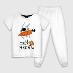 Детская пижама хлопок с принтом True vegan (истинный веган) в Новосибирске, 100% хлопок |  брюки и футболка прямого кроя, без карманов, на брюках мягкая резинка на поясе и по низу штанин
 | carrot | flower | rabbit | true | vegan | веган | заяц | истинный | морковка | ролик | цветок | экология