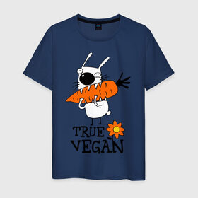 Мужская футболка хлопок с принтом True vegan (истинный веган) в Новосибирске, 100% хлопок | прямой крой, круглый вырез горловины, длина до линии бедер, слегка спущенное плечо. | Тематика изображения на принте: carrot | flower | rabbit | true | vegan | веган | заяц | истинный | морковка | ролик | цветок | экология