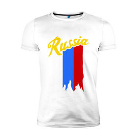 Мужская футболка премиум с принтом Russia каллиграфия флаг в Новосибирске, 92% хлопок, 8% лайкра | приталенный силуэт, круглый вырез ворота, длина до линии бедра, короткий рукав | герб | каллиграфия | патриот | россия | русский | рф | флаг