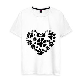 Мужская футболка хлопок с принтом Сердце из собачьих следов в Новосибирске, 100% хлопок | прямой крой, круглый вырез горловины, длина до линии бедер, слегка спущенное плечо. | 