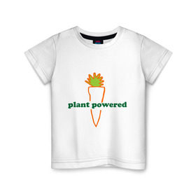 Детская футболка хлопок с принтом Vegetarian plant powered в Новосибирске, 100% хлопок | круглый вырез горловины, полуприлегающий силуэт, длина до линии бедер | carrot | plant | power | vegan. vegeterian | веган | вегетарианец | заряжен | морковь | овощи | растение | сила | фрукты