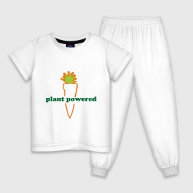 Детская пижама хлопок с принтом Vegetarian plant powered в Новосибирске, 100% хлопок |  брюки и футболка прямого кроя, без карманов, на брюках мягкая резинка на поясе и по низу штанин
 | carrot | plant | power | vegan. vegeterian | веган | вегетарианец | заряжен | морковь | овощи | растение | сила | фрукты