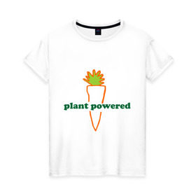 Женская футболка хлопок с принтом Vegetarian plant powered в Новосибирске, 100% хлопок | прямой крой, круглый вырез горловины, длина до линии бедер, слегка спущенное плечо | carrot | plant | power | vegan. vegeterian | веган | вегетарианец | заряжен | морковь | овощи | растение | сила | фрукты