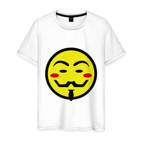 Мужская футболка хлопок с принтом Вендетта смайлик в Новосибирске, 100% хлопок | прямой крой, круглый вырез горловины, длина до линии бедер, слегка спущенное плечо. | Тематика изображения на принте: vendetta | анонимус | вендетта | гай | значит | маска | смайл | фокс