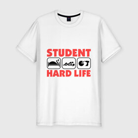 Мужская футболка премиум с принтом Тяжелая жизнь студента в Новосибирске, 92% хлопок, 8% лайкра | приталенный силуэт, круглый вырез ворота, длина до линии бедра, короткий рукав | drink | hard | life | sleep | student | вечеринка | жизнь | пати | сон | студент | тяжелая