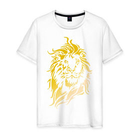 Мужская футболка хлопок с принтом Лев золотой в Новосибирске, 100% хлопок | прямой крой, круглый вырез горловины, длина до линии бедер, слегка спущенное плечо. | голова | грива | зверь | золото | лев | металл | хищник | царь