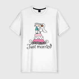 Мужская футболка премиум с принтом Just Married - Свадебный торт в Новосибирске, 92% хлопок, 8% лайкра | приталенный силуэт, круглый вырез ворота, длина до линии бедра, короткий рукав | just married | молодожены | свадебный торт | торт