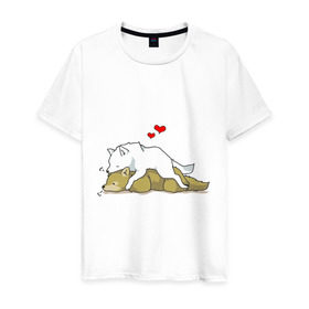 Мужская футболка хлопок с принтом Волчья любовь в Новосибирске, 100% хлопок | прямой крой, круглый вырез горловины, длина до линии бедер, слегка спущенное плечо. | волк | животные | звери | любовь | мило