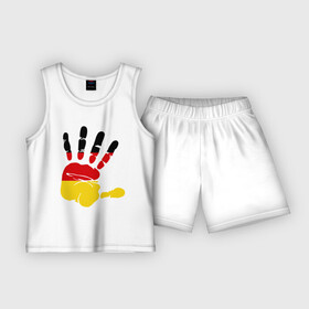 Детская пижама с шортами хлопок с принтом Рука Германии в Новосибирске,  |  | Тематика изображения на принте: германия | желтый | красный | ладонь | отпечаток | рука | след | флаг | черный