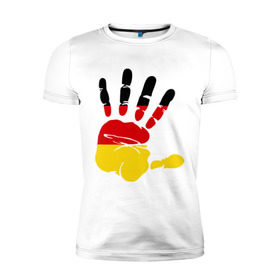 Мужская футболка премиум с принтом Рука Германии в Новосибирске, 92% хлопок, 8% лайкра | приталенный силуэт, круглый вырез ворота, длина до линии бедра, короткий рукав | германия | желтый | красный | ладонь | отпечаток | рука | след | флаг | черный