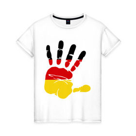 Женская футболка хлопок с принтом Рука Германии в Новосибирске, 100% хлопок | прямой крой, круглый вырез горловины, длина до линии бедер, слегка спущенное плечо | германия | желтый | красный | ладонь | отпечаток | рука | след | флаг | черный
