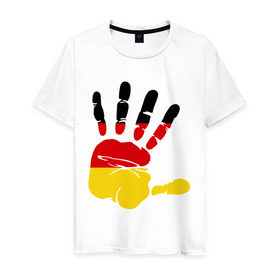 Мужская футболка хлопок с принтом Рука Германии в Новосибирске, 100% хлопок | прямой крой, круглый вырез горловины, длина до линии бедер, слегка спущенное плечо. | Тематика изображения на принте: германия | желтый | красный | ладонь | отпечаток | рука | след | флаг | черный