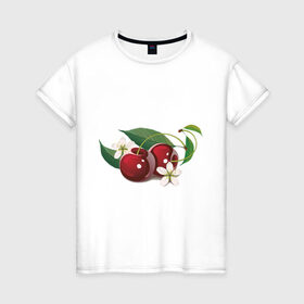 Женская футболка хлопок с принтом Сладкая вишенка в Новосибирске, 100% хлопок | прямой крой, круглый вырез горловины, длина до линии бедер, слегка спущенное плечо | вишенка | вишня | сеток | фрукты | цветы