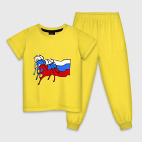 Детская пижама хлопок с принтом Сильная Россия в Новосибирске, 100% хлопок |  брюки и футболка прямого кроя, без карманов, на брюках мягкая резинка на поясе и по низу штанин
 | кони | лошадь | россия | сильная | триколор | тройка | флаг