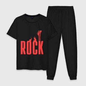 Мужская пижама хлопок с принтом Rock (пылающая надпись) в Новосибирске, 100% хлопок | брюки и футболка прямого кроя, без карманов, на брюках мягкая резинка на поясе и по низу штанин
 | гитара