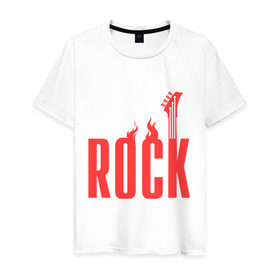 Мужская футболка хлопок с принтом Rock (пылающая надпись) в Новосибирске, 100% хлопок | прямой крой, круглый вырез горловины, длина до линии бедер, слегка спущенное плечо. | Тематика изображения на принте: гитара