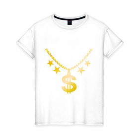 Женская футболка хлопок с принтом Золотой доллар в Новосибирске, 100% хлопок | прямой крой, круглый вырез горловины, длина до линии бедер, слегка спущенное плечо | доллар | звезда | золото | цепь